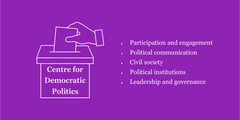 CDP logo and interests: participation and engagement, political communication, civil society, political institutions, and leadership and governance.